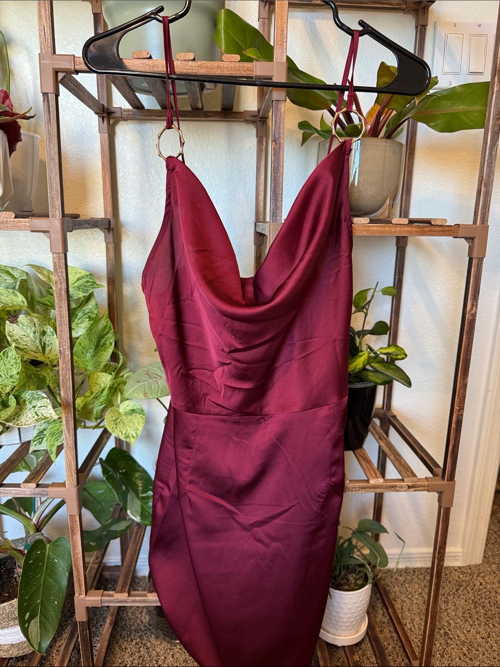 Pretty Little Thing Satin Cowl Neck Slip Dress in Wine Red
